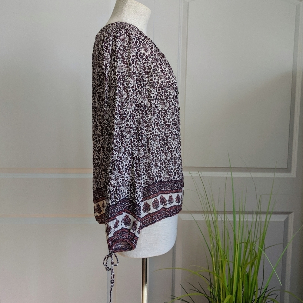 Lucky Brand Blouse Peasant Paisley Floral Print Long Sleeve Burgundy Navy L NWT - Picture 3 of 11
